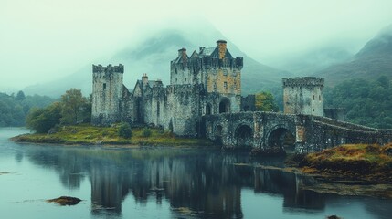 Obraz premium Old stone castle. Lake reflects building. Mountains in fog. Cloudy weather. Nature background. Calm scenic view. Water surrounds castle. Grey stone texture.