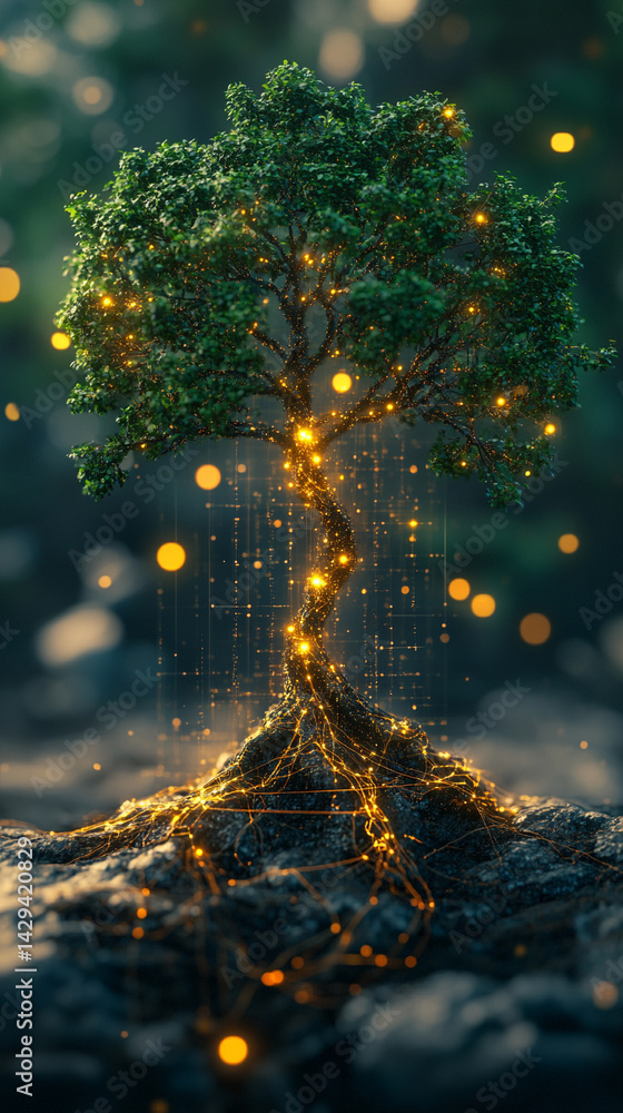 Aufkleber digital tree roots with glowing lights symbolize the fusion of technology and nature highlighting th
