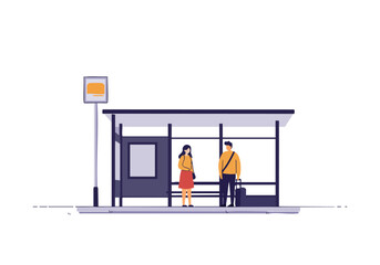 A couple waits at a bus stop. The woman has dark hair and wears a skirt, while the man carries a suitcase. Clean, modern design, perfect for travel themes.