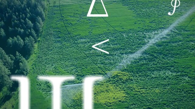 Irrigation pipe spraying green fields, featuring white Psi, triangle, less-than sign, cursive f