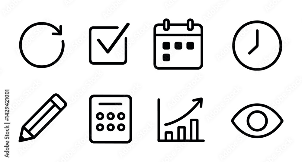 Poster business management linear icons set – streamline operations, productivity, and efficiency with esse