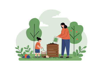 A mother and child compost together outdoors. They are smiling and engaged in gardening, promoting sustainability and family time. Bright, flat illustration.