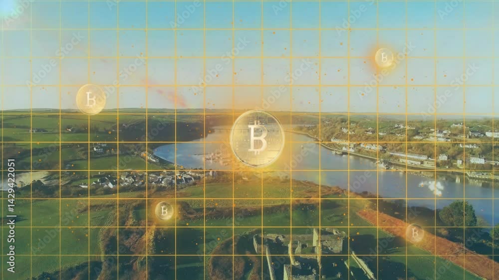Poster bitcoin icons floating above winding river and patchwork fields, featuring orange grid overlay