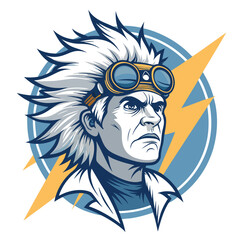 A crazed scientist's head, wild hair escaping a cracked, steamy pair of goggles, intense expression.  Detailed, dramatic lighting.