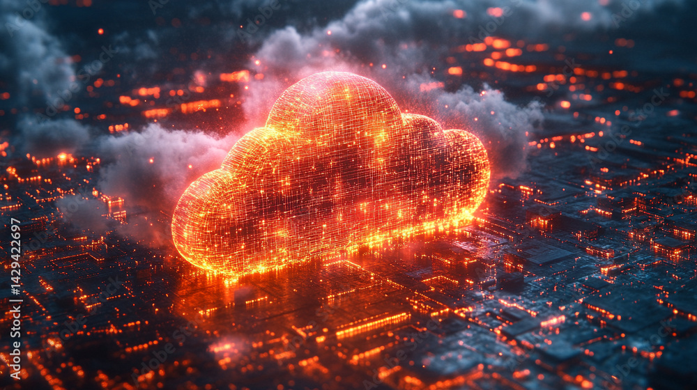 Poster a glowing digital cloud releases streams of data like futuristic rain symbolizing the seamless flow 