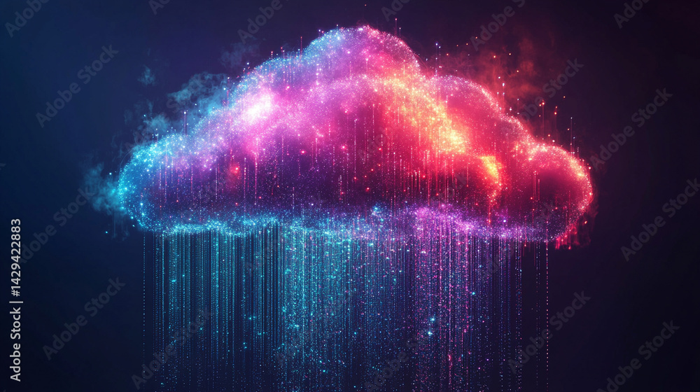 Poster a glowing digital cloud releases streams of data like futuristic rain symbolizing the seamless flow 