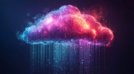 A glowing digital cloud releases streams of data like futuristic rain symbolizing the seamless flow of information connectivity cloud storage and the evolution of cloud computing technology

