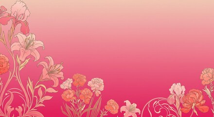 Elegant Pink Floral Design Lilies Irises Carnations on Gradient Background