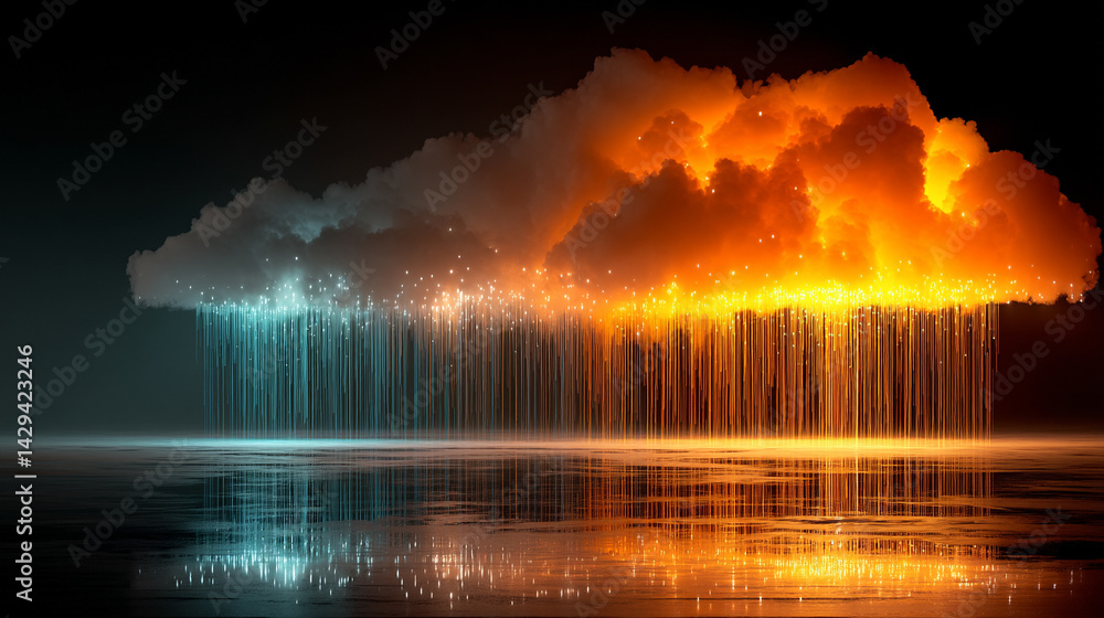 Poster a glowing digital cloud releases streams of data like futuristic rain symbolizing the seamless flow 