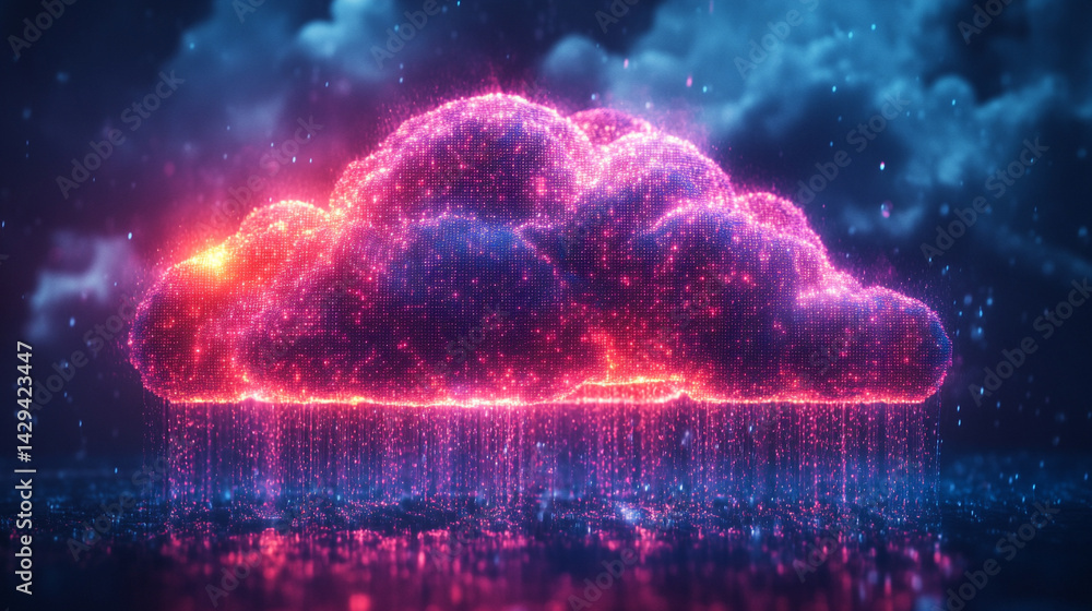 Poster a glowing digital cloud releases streams of data like futuristic rain symbolizing the seamless flow 