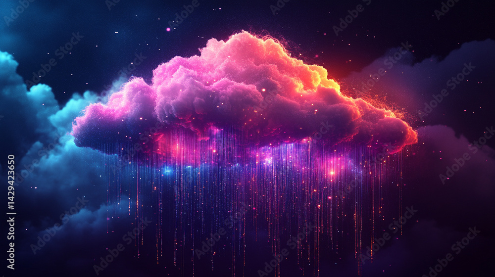 Poster a glowing digital cloud releases streams of data like futuristic rain symbolizing the seamless flow 