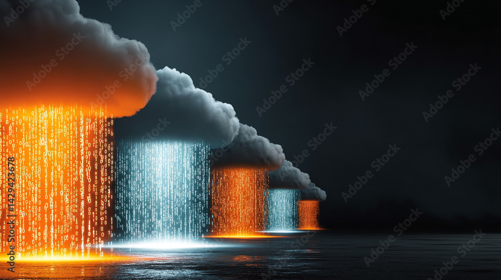 Poster a glowing digital cloud releases streams of data like futuristic rain symbolizing the seamless flow 