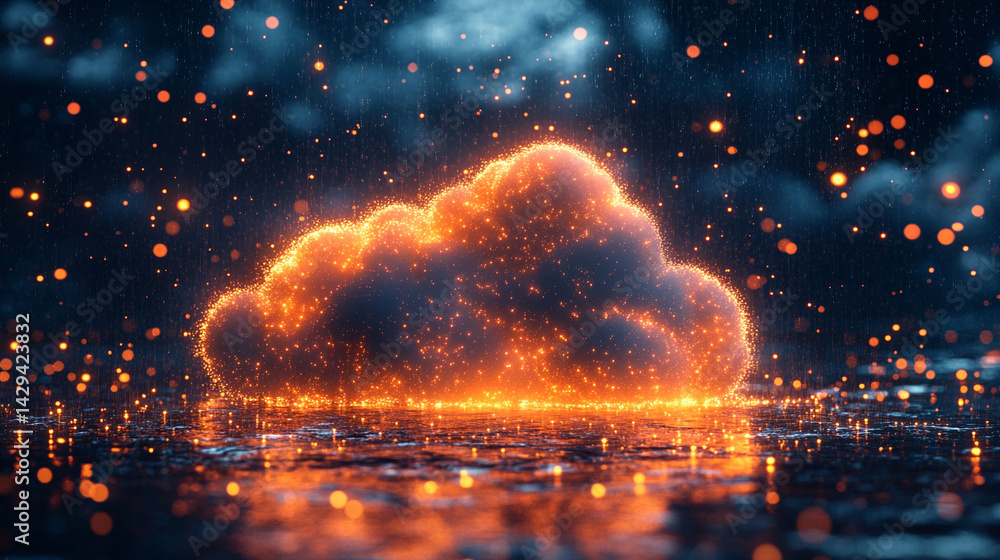Poster a glowing digital cloud releases streams of data like futuristic rain symbolizing the seamless flow 