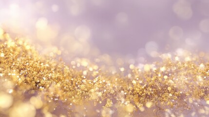 Abstract gold glitter on soft lilac background, festive sparkle concept. Perfect for luxury brands, holiday promotions, beauty products.
