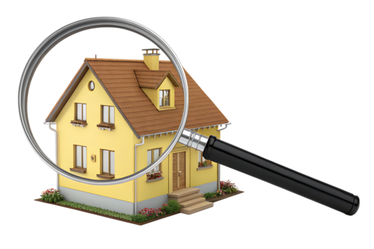 House inspection concept: Yellow house under magnifying glass, black background.