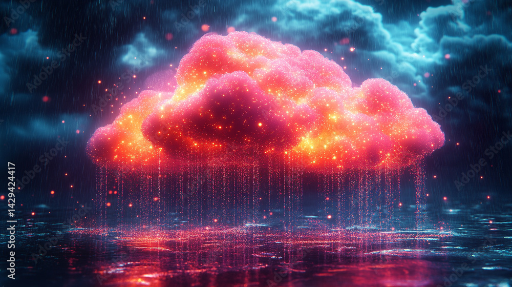 Poster a glowing digital cloud releases streams of data like futuristic rain symbolizing the seamless flow 