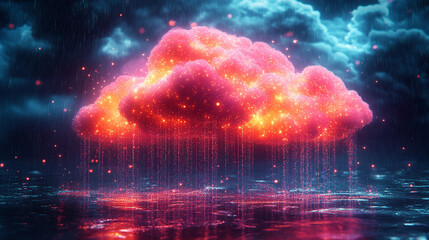 A glowing digital cloud releases streams of data like futuristic rain symbolizing the seamless flow of information connectivity cloud storage and the evolution of cloud computing technology

