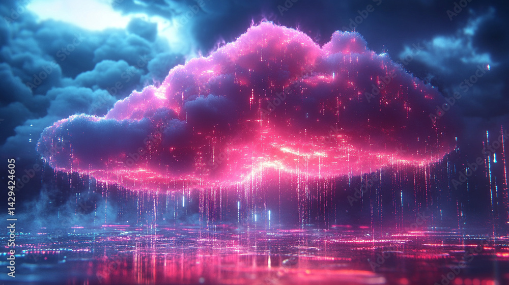 Poster a glowing digital cloud releases streams of data like futuristic rain symbolizing the seamless flow 