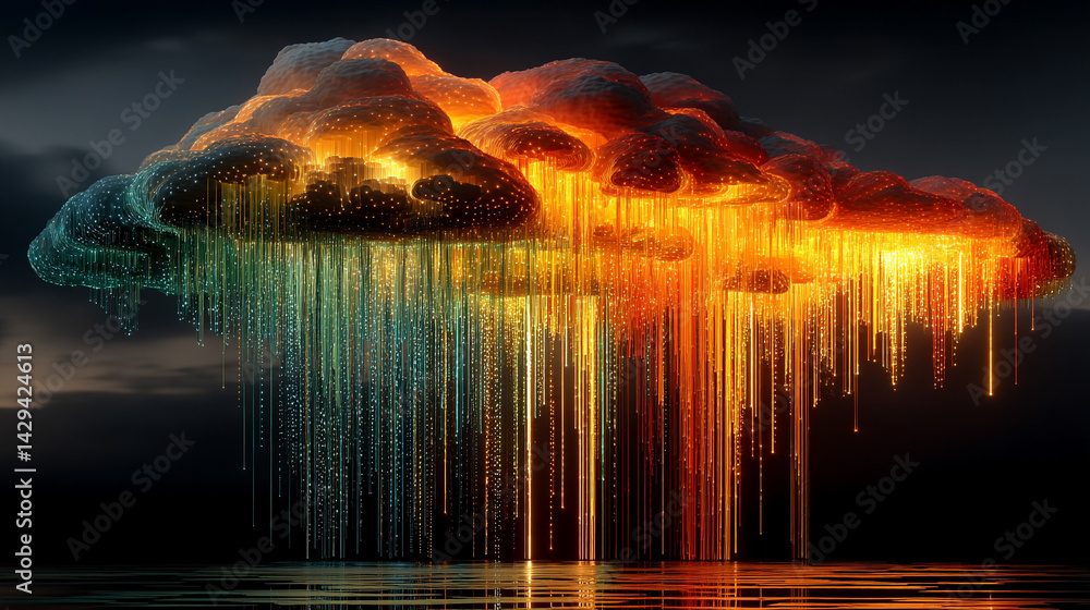 Poster a glowing digital cloud releases streams of data like futuristic rain symbolizing the seamless flow 