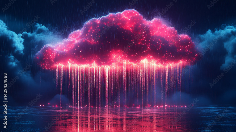 Poster a glowing digital cloud releases streams of data like futuristic rain symbolizing the seamless flow 
