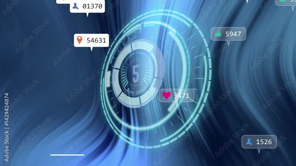 Poster holographic circular interface pulsing and showing social media metrics in 3d render