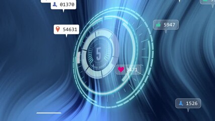 Holographic circular interface pulsing and showing social media metrics in 3D render - Powered by Adobe