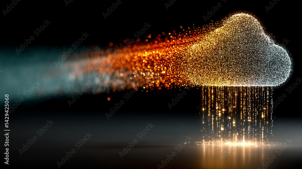 Poster a glowing digital cloud releases streams of data like futuristic rain symbolizing the seamless flow 