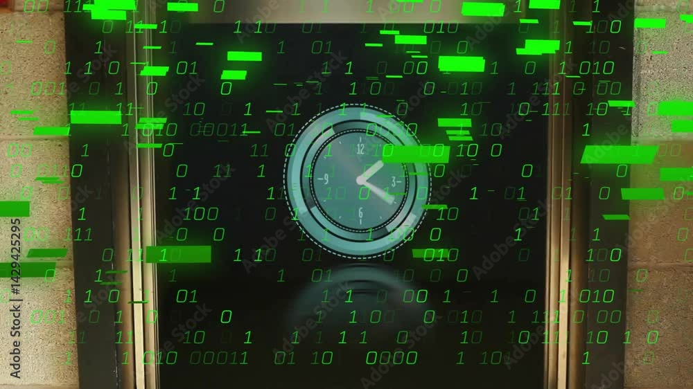Poster circular analog clock rotating on 3d dark display panel, showcasing binary glitch blocks