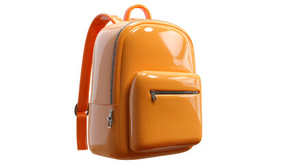 Vibrant orange glossy backpack with sleek design and zipper details, perfect for stylish and modern lifestyles.