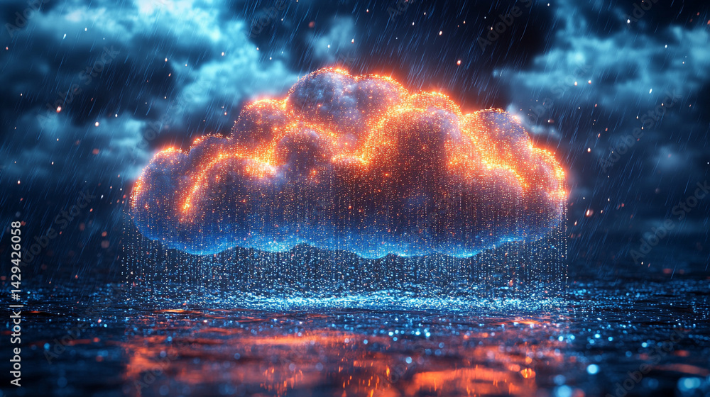 Aufkleber a glowing digital cloud releases streams of data like futuristic rain symbolizing the seamless flow 