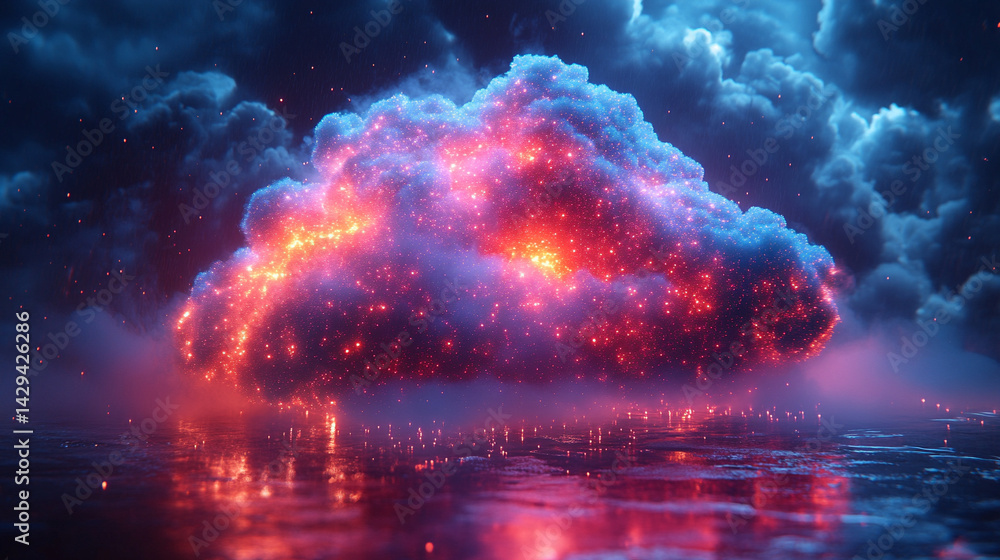 Poster a glowing digital cloud releases streams of data like futuristic rain symbolizing the seamless flow 