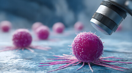Close-up of a pink cancer cell under a microscope, showcasing intricate details and textures.