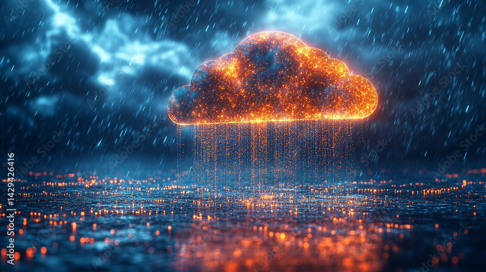 Poster a glowing digital cloud releases streams of data like futuristic rain symbolizing the seamless flow 