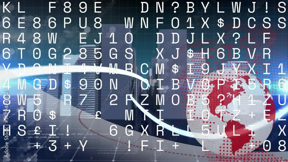 Poster digital globe spinning with red dot matrix overlay above city skyline and streaming code columns