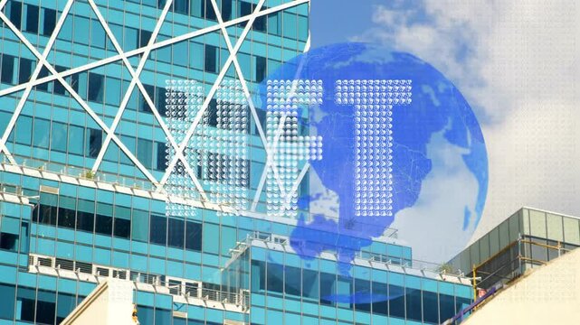 3D-render digital globe overlaying facade, showing wireframe data glowing against white braces