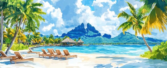 Panoramic view of Bora Bora island in French Polynesia Lounge chairs and palm trees on the beach with Mount Otemanu in the background Generative AI