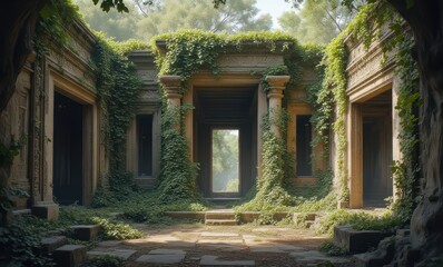 Ancient ruins enveloped in lush greenery, creating a serene and mystical atmosphere.