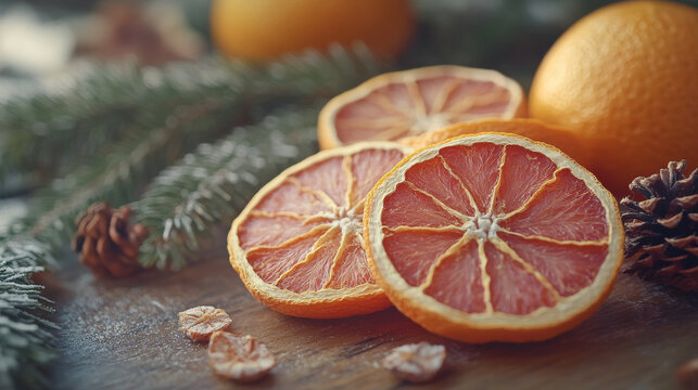 Slices of dried oranges and grapefruits rest on a rustic table, ready to be used for Christmas decorations