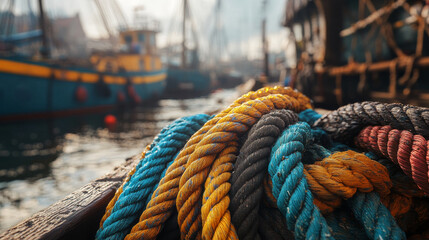 Thick rope lies next to a colorful net in a harbor setting, captured in daylight with a maritime vibe