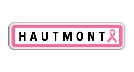 Panneau de sortie de Hautmont, Nord, Hauts-de-France avec Ruban Octobre Rose