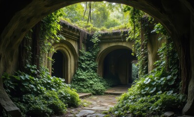 Lush green vines envelop ancient stone arches in a tranquil overgrown ruin.