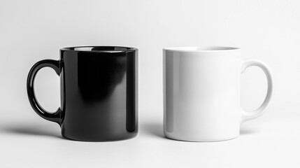 Two blank ceramic mugs, one black and one white, stand isolated against a clean white backdrop with space for custom designs