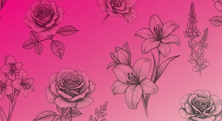 Elegant Pencil Sketch Floral Design Roses Lilies More on Pink Background