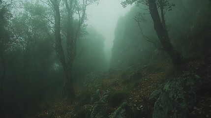 Obraz premium Misty forest path, shrouded in a thick fog, leading into a mysterious, dense woodland