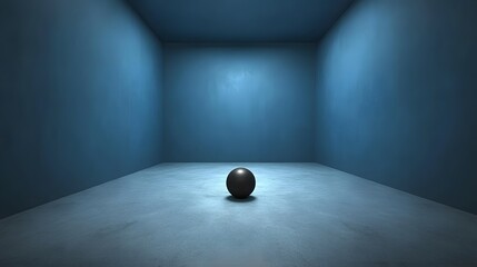 Solitary Black Sphere in Blue Room Minimalist 3D Render
