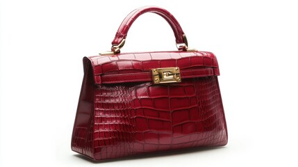 Luxury red crocodile leather handbag with gold clasp, isolated on white background