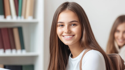 Happy teenager enjoying reading in a library setting