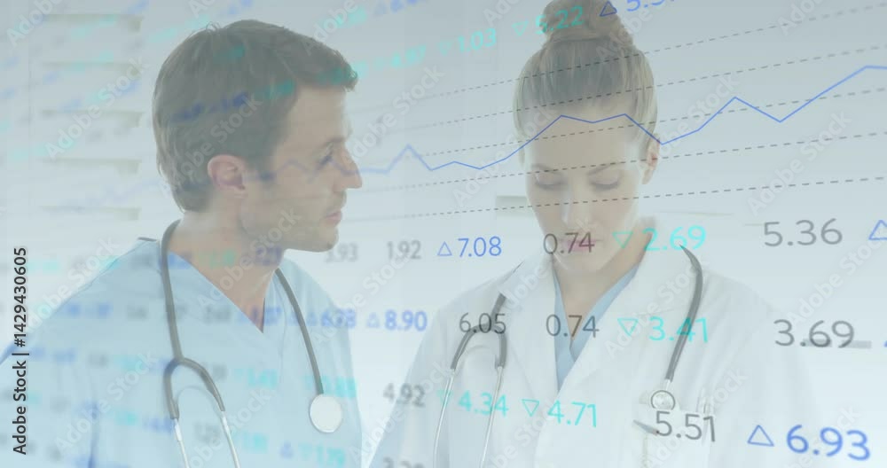 Poster doctors with stethoscopes discussing numeric data in clinic, with animated blue line graphs overlay