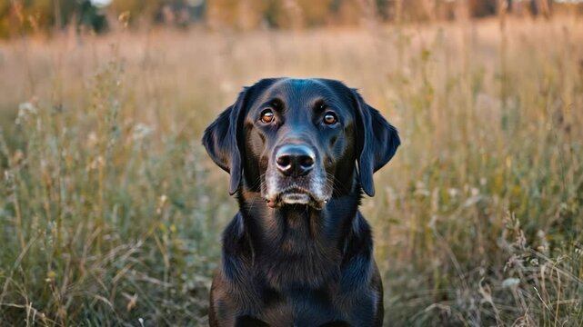 Portrait of a sleek black dog sitting attentively in a grassy field with soft, natural lighting and neutral colors, showcasing its loyal expression.