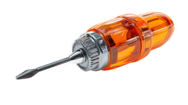 A close-up of a bright orange screwdriver with a chrome tip, perfect for home repairs and DIY projects.